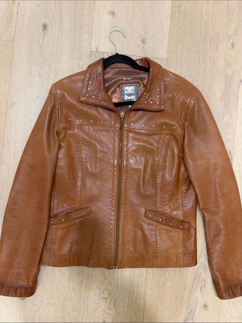 Tan 100% Leather Silver Studded Jacket with Collar (Spanish Sheep Skin Leather)